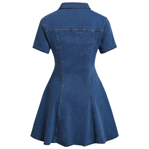 Nouvelle <span class=keywords><strong>robe</strong></span> <span class=keywords><strong>en</strong></span> <span class=keywords><strong>jean</strong></span> pour femmes à manches courtes, col à revers, taille cintrée - Product Image 5