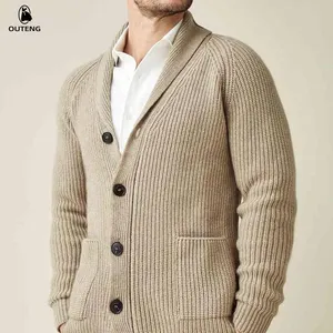 Navy Chunky Knit Herren Wolle Kaschmir gerippt V-Ausschnitt Cardigan Sweater Tops Kaschmir Cardigan Herren