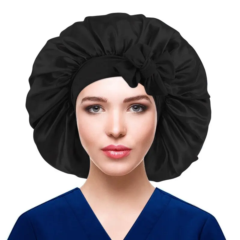 Logo personnalisé Vente en gros Extra Large Bonnet en satin ruban extensible Couleur unie Bonnet de nuit à large bord Chapeau bandana noué