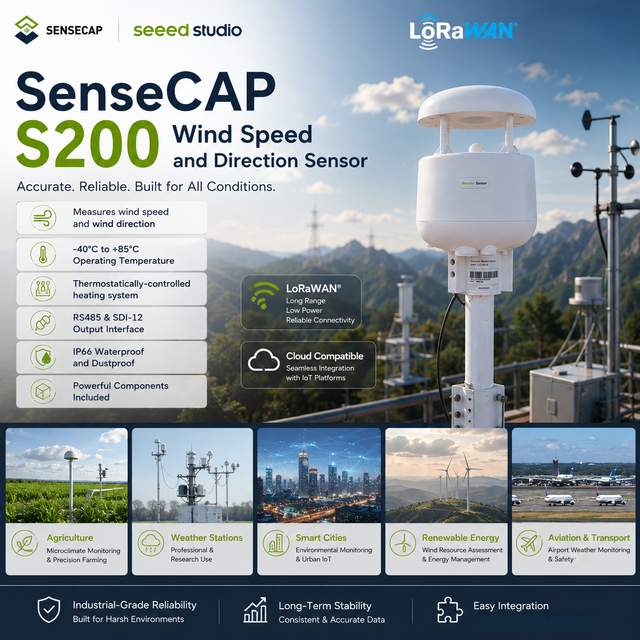SenseCAP S200 Ultrasonic Weather Sensor Measures Wind Speed Direction for Outdoor Agriculture Smart Cities Rugged Environments