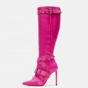 New Trending Silver Side Zipper Women's Knee High <b>Boots</b> Pointed Toe Metal Studded Cross Straps Long Booties Stiletto Heel Denim - Product Image 1