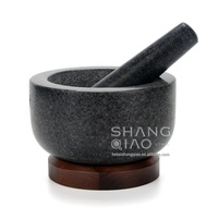 Ensemble de mortier et de pilons en granit noir, prix d'usine, plateau en bois, piédestal classique, mortier et pilon en granit avec Base en bois