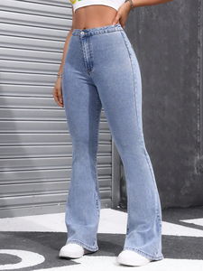 Jeans évasés <span class=keywords><strong>bleu</strong></span> clair taille haute coupe ajustée pour <span class=keywords><strong>femme</strong></span>, design décontracté en tissu denim lavable, méthode de tissage - Product Image 5