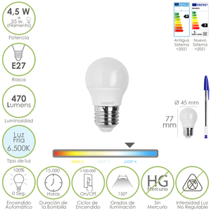 Lampadina LED Sferica E27 a Vite, 4,5 Watt. Equivalente a 55 Watt. 470 Lumen. Bianco Freddo (6500K) - Product Image 1