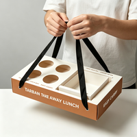 Boîte à emporter en kraft avec poignée en ruban pour sandwichs, café, déjeuner, café, logo personnalisé, emballage en gros
