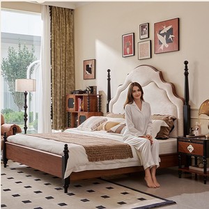 French Retro Solid Wood Sleigh Bed 1.8m King Size Soft <b>Headboard</b> Master Bedroom Wedding Bed - Product Image 1