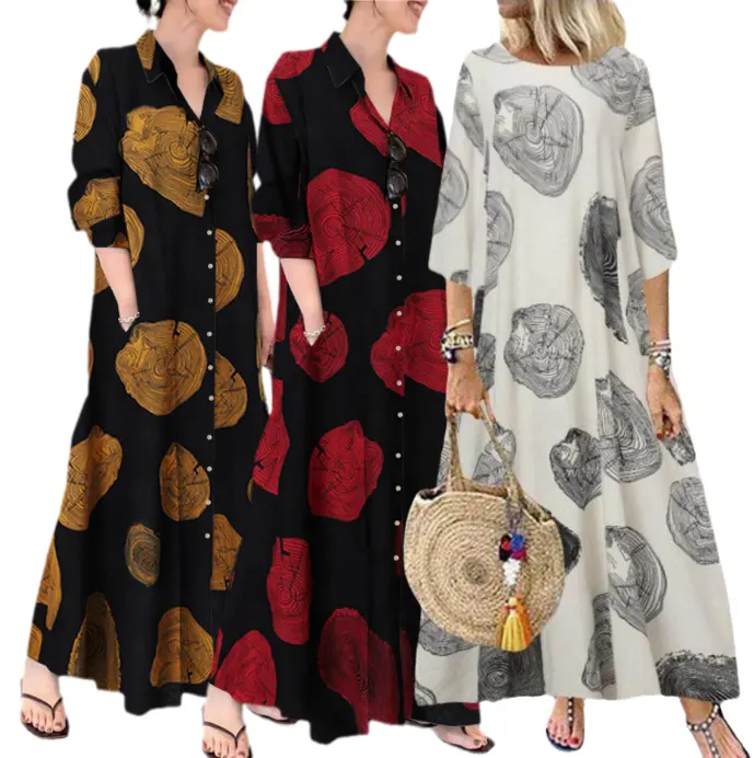 Plus Size Spring Autumn 2023 New Style Printing Shirt Dress Long Sleeve Muslim Abaya Dubai Islamic Loose Women Casual Dresses