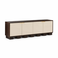 Meuble TV Console 4 Portes Panneaux Brillants Crème Cadre en Bois Foncé Poignées Dorées Console Multimédia Moderne Minimaliste pour Salon