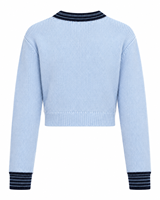Pull en tricot personnalisé pour femme, col rond, bordure côtelée rayée, coupe courte, bleu clair marine, style preppy, manches longues, service ODM