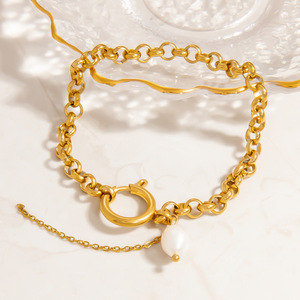 Bracelet en acier inoxydable plaqué or 18 carats, chaîne O, pendentif en fausse perle, bijoux pour femmes à porter au quotidien - Product Image 2