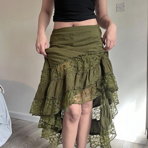 กระโปรงยาวทรงเอวต่ำแต่งลูกไม้สไตล์วินเทจ ชายกระโปรงไม่สมมาตร ผ้าจับเดรป สไตล์ป่าไม้ โบโฮชิค สำหรับผู้หญิง - Product Image 4