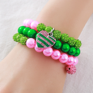 Chi Phí Cao Hiệu Suất Ba Lớp Sorority Màu Hồng Và Màu Xanh Lá Cây Biểu Tượng Ngọc Trai Và Rhinestone Đính Cườm Làm Tuyên Bố Phụ Nữ Vòng Đeo Tay - Product Image 6