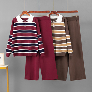 Ensemble deux pièces décontracté et élégant pour femme : pull rayé en maille respirante à col revers et pantalon large - Product Image 6