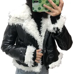Fall Winter Black Biker Leather Jacket Coat White Faux Fur Fashion Casual Women Short Jacket
