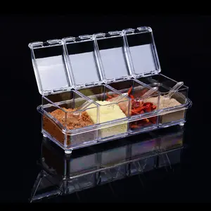 2023 4 Grid Acrylic seasoning box with spoons Spice jar set Condiment cruet bottle Sealed seasoning storage box Kitchen supplies