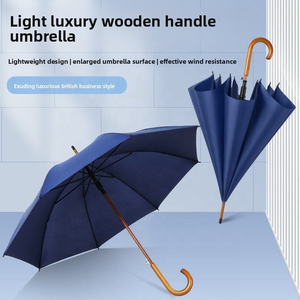 Parapluie droit personnalisé avec logo, 23 pouces, en matériau RPET, protection de l'environnement, ouverture automatique, poignée en bois courbée - Product Image 3
