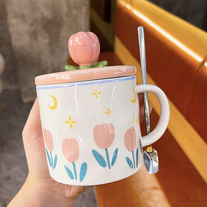 Zuo Mu Tulip Ceramic Mug With Lid And Spoon Reusable Couple Gift <b>Cup</b> For Summer 2022 - Product Image 3