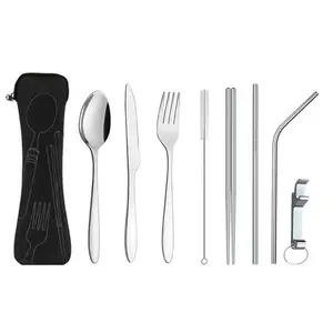 Jieyang Cutlery Camping Flatware Travelling Silver Spoon Fork Knife Portable Stainless Steel 304 Silverware With Bag