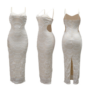 <span class=keywords><strong>Abito</strong></span> Elegante da Donna con Perle e <span class=keywords><strong>Paillettes</strong></span>, Vestito Formale <span class=keywords><strong>Midi</strong></span> con Spacco Posteriore e Bretelle, Elegante <span class=keywords><strong>Abito</strong></span> da Sera per Feste di Compleanno e Club - Product Image 4