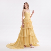 Robe de soirée jaune à volants étagés, bretelles spaghetti, en mousseline plissée, longue, superposée, avec traîne, pour soirée et bal de promo 2026