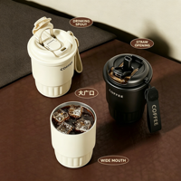 Tasse à café isotherme en acier inoxydable à double paroi de 380 ml avec double couvercle, gobelet de voyage portable avec cordon, mug à café isolé pour voiture