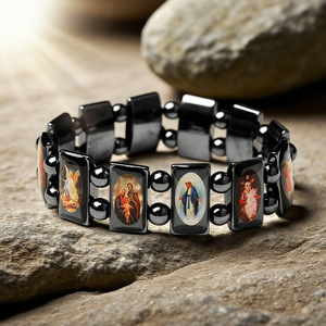 Orthodox Christian Black Plastic Zinc Alloy <b>Stretch</b> Beaded Virgin Mary Jesus Image Rectangle Tile Prayer Vintage Unisex <b>Bracelet</b> - Product Image 5