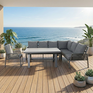 ชุดโซฟาอลูมิเนียมกลางแจ้งทันสมัย พร้อมเบาะรองนั่ง 10 ซม. รูปตัวแอล สำหรับระเบียง <span class=keywords><strong>สวน</strong></span>หย่อม และสวนสาธารณะ 7 ที่นั่ง พร้อมโต๊ะรับประทานอาหาร - Product Image 3