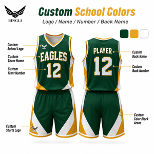 Ensemble d'uniformes de basketball personnalisés pour l'esprit scolaire – Maillot et short color block, extensibles dans quatre directions, anti-humidité et respirants à 100 % - Product Image 4