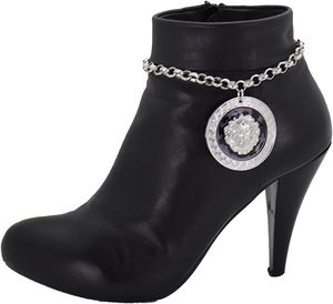 Pulsera de cadena para botas de mujer, estilo occidental, de metal plateado, con dije de medallón de león grande, SET BC - Product Image 6