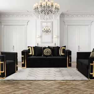 लक्जरी ब्लैक वेलवेट रीक्लिंग सोफे सेट सोने स्टेनलेस स्टील 1 + 2 + 3 सीटर अपार्टमेंट लिविंग रूम होटल कार्यालय फर्नीचर - Product Image 1