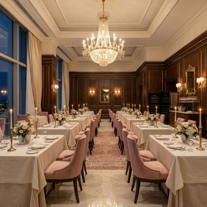 Meubles de salle de bal d'hôtel haut de gamme classiques, chaises de banquet en velours, ensemble de tables longues pour restaurant gastronomique - Product Image 1