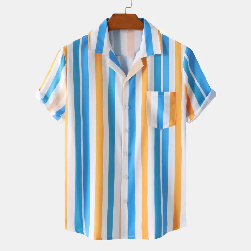 New Fashion Men's Casual Loose Summer Comfortable Short Sleeve Customizable Color Stripe Cuban Collar Shirt