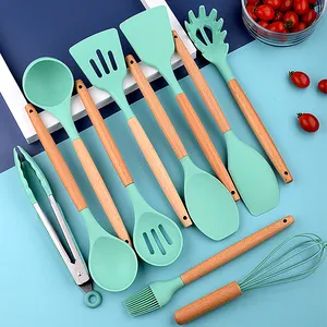 12 PCS BPA Free Non-Toxic Kitchen Cooking Utensils Set Wooden Silicone Kitchen Accessories/gadget/tool With Ladle Turner Spatula