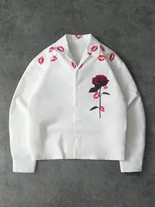 Custom Wholesale High Quality Breathable Vintage Romantic <b>Red</b> Rose Lip Graphic Print <b>Mens</b> Casual Long Sleeve <b>Shirt</b> - Product Image 1