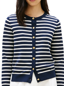 Cardigan en tricot rayé pour femme, manches longues, col rond, fin, pour l'été, à superposer - Product Image 3