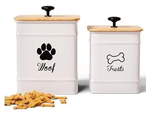 Custom Metalen Hond Traktatie Container Luchtdichte Set Van 2 Honden Traktatie Potten Met Hout Deksels Luchtdicht Voor Keuken Aanrecht Huisdier Bus