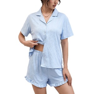 Plus size comfortabele jacquard pyjamaset, zomerse losse elegante familiekleding, revers korte mouwen effen patroon huispak - Product Image 5