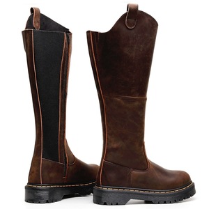Botas largas de crin para mujer con cintura elástica, botines de cuero estilo inglés, punta redonda de cuero genuino - Product Image 4