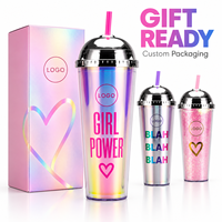 Gobelet en plastique à paillettes avec logo personnalisé et paille, double paroi, pour fête arc-en-ciel, cadeau, réutilisable, promotionnel
