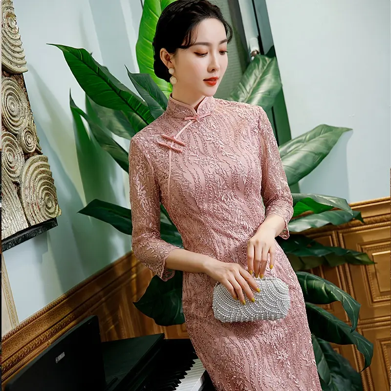 중국어 도매 현대 패션 두 조각 세트 Cheongsam 우아한 레이스 Qipao 실크 직물 드레스 여성 게스트 파티