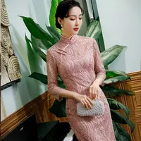 Cheongsam de encaje elegante para mujer, conjunto de dos piezas de moda moderna China, telas de seda Qipao para fiesta de invitados