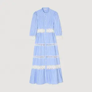 Clothing manufacturer custom spring autumn light blue crew neck long sleeve women striped cotton poplin maxi dress