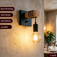 Lampes murales encastrées vintage industrielles à ampoules incandescentes, en bois et fer forgé, avec câble enroulé et tige en bois, garantie 3 ans