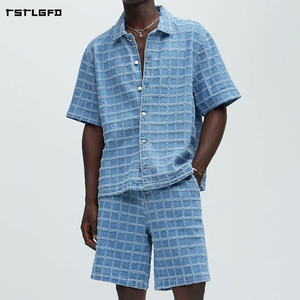 Fully Cut And Sew Frayed Checkered Men'S <b>Set</b> Heavyweight Vintage Wash Oversized Streetwear Acid Wash Shirt Shorts <b>Set</b> - Product Image 1