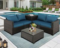 Conjunto de Sofá Seccional de Mimbre PE con Caja de Almacenamiento y Mesa con Tapa de Cristal para Balcón, Jardín y Patio