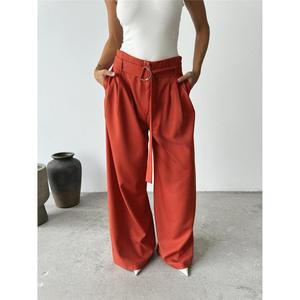 Pantalon palazzo à jambes larges, taille haute, en tissu crêpe, infroissable, couleur terre cuite, pour femmes - Product Image 5
