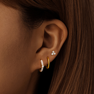 CANNER Ensemble de 3 boucles d'oreilles en argent sterling 925, triple diamant, trois zircons, trèfle, émail blanc, boucles d'oreilles créoles pour femmes - Product Image 5