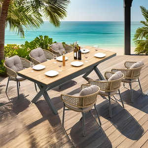 Ensemble <span class=keywords><strong>de</strong></span> meubles en rotin tressé pour <span class=keywords><strong>jardin</strong></span>, prêt à être expédié, table <span class=keywords><strong>de</strong></span> patio <span class=keywords><strong>de</strong></span> 2,2 m avec 6 à 8 chaises, vente chaude, table en bois <span class=keywords><strong>plastique</strong></span> d'extérieur - Product Image 1