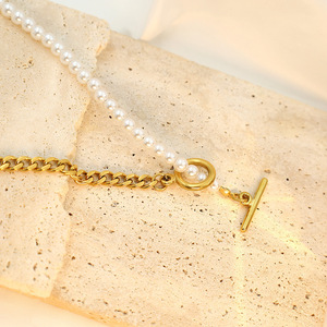 Cuban Chain Spliced Pearl Necklace Gold Zinc Alloy Clavicle Chain Party Jewelry Geometric Design DG-XL00003 - Product Image 2
