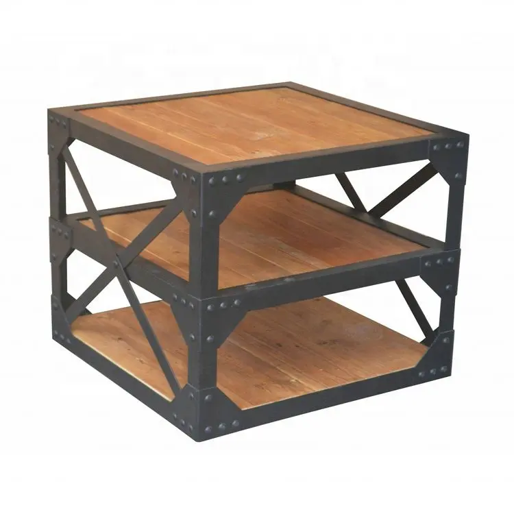 HL406 רטרו צרפתי תעשייתי אחסון מסגרת מתכת לסלון שולחן קפה מרובע מעץ משוחזר